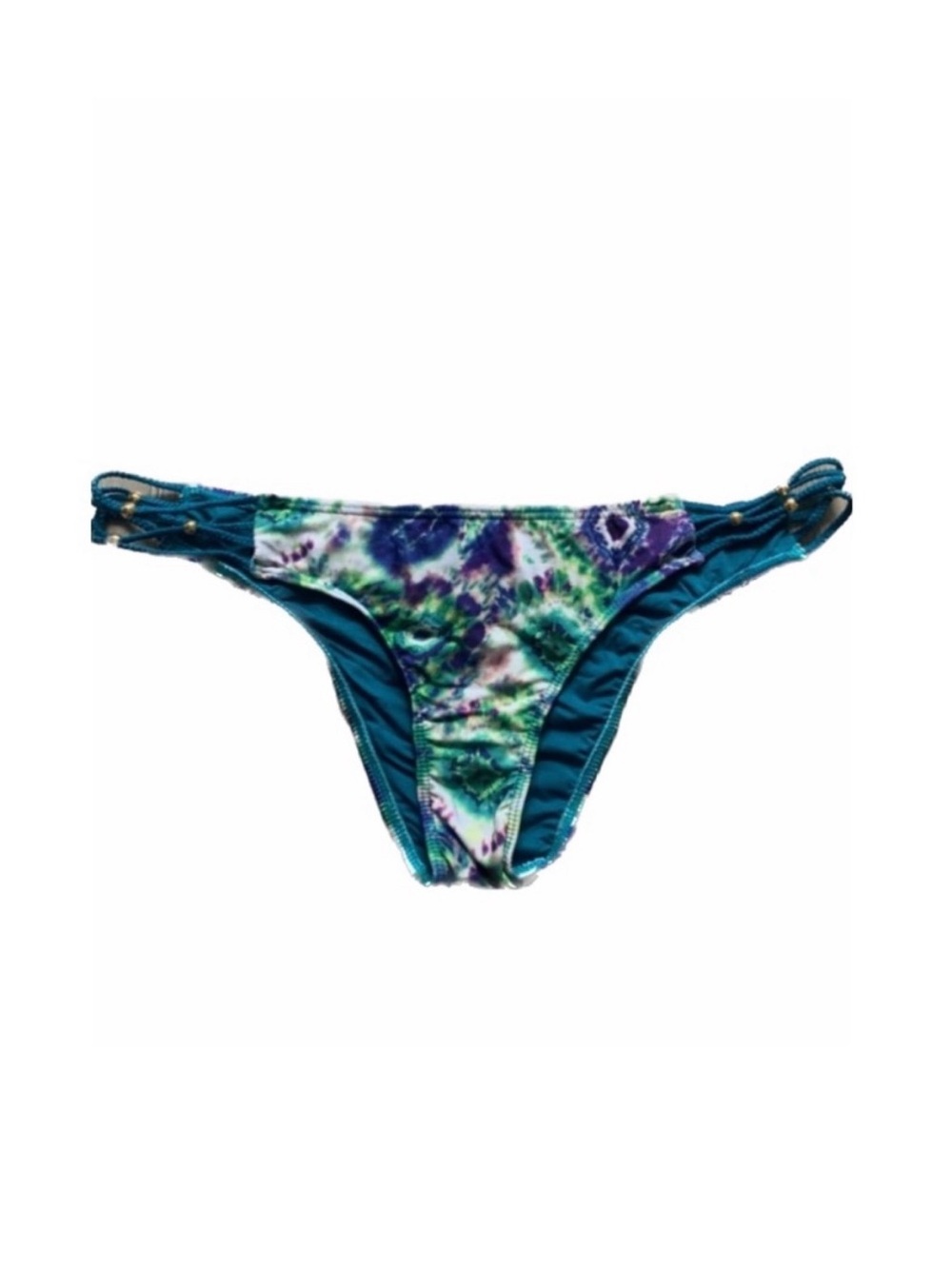 Pilyq Tie Dye Teal Green Purple Watercolor Bikini Swimsuit Bottoms w Beads